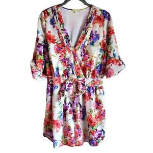 GIANNI BINI Women S Romper Floral V Neck Tie Belt Lined Spring Breeze Bust 36"